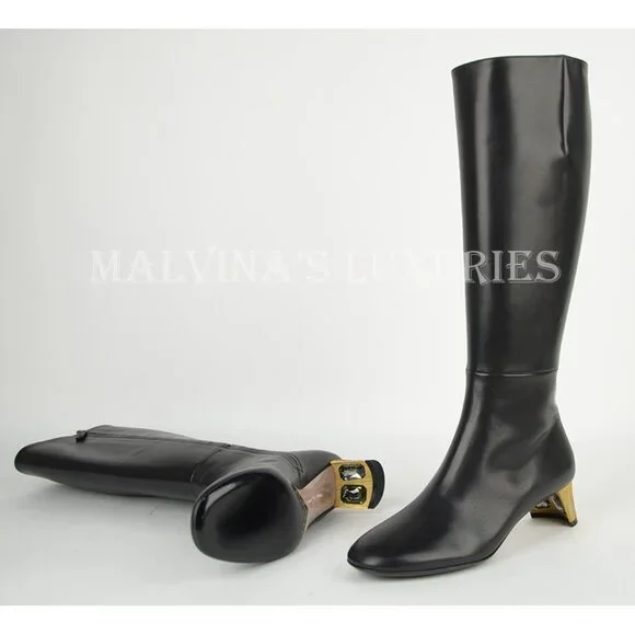 GUCCI BOOTS TALL ARIELLE GOLD MOON CRYSTAL HEEL BLACK LEATHER sz 37.5 7.5